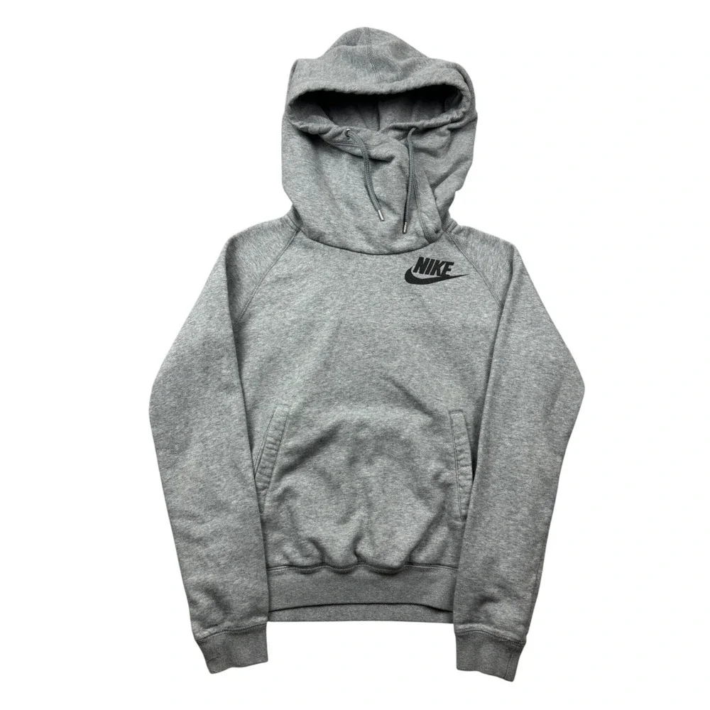 Nike Womens Medium Funnel Neck Hoodie Heather Grey Futura Logo Pullover Casual